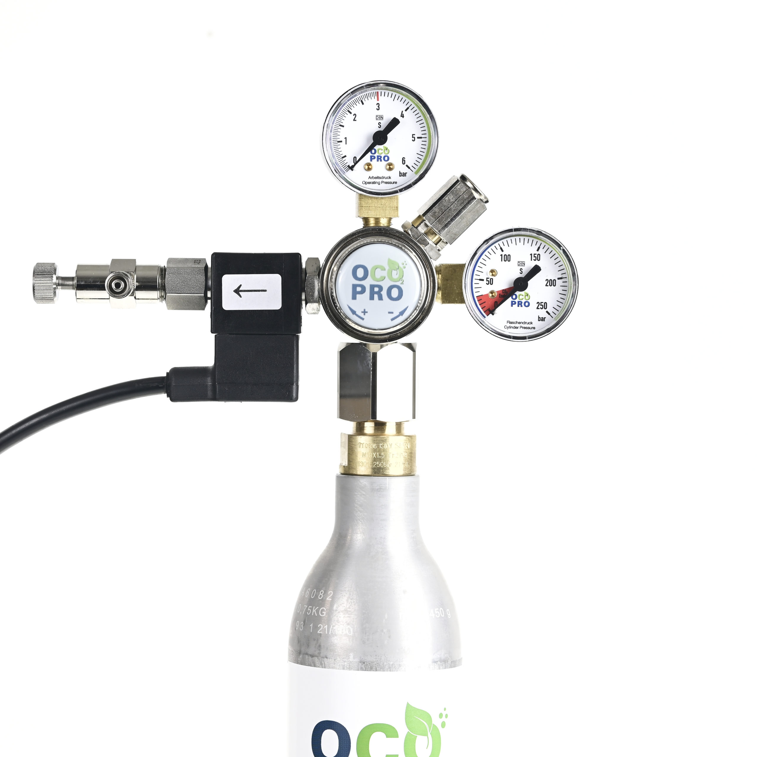 CO2-Druckminderer für SodaStream o.Ä. Zylinder. Mit Doppelmanometer, Magnetventil und integ. Rückschlagventil