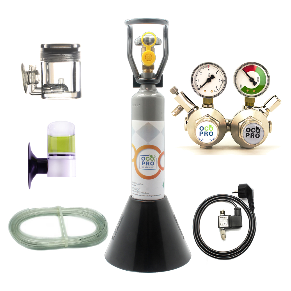 Doppelkammer CO2 Anlage Aquarium DBL-350 Plus Komplettset mit Nachtabschaltung Mehrwegflasche – 500g