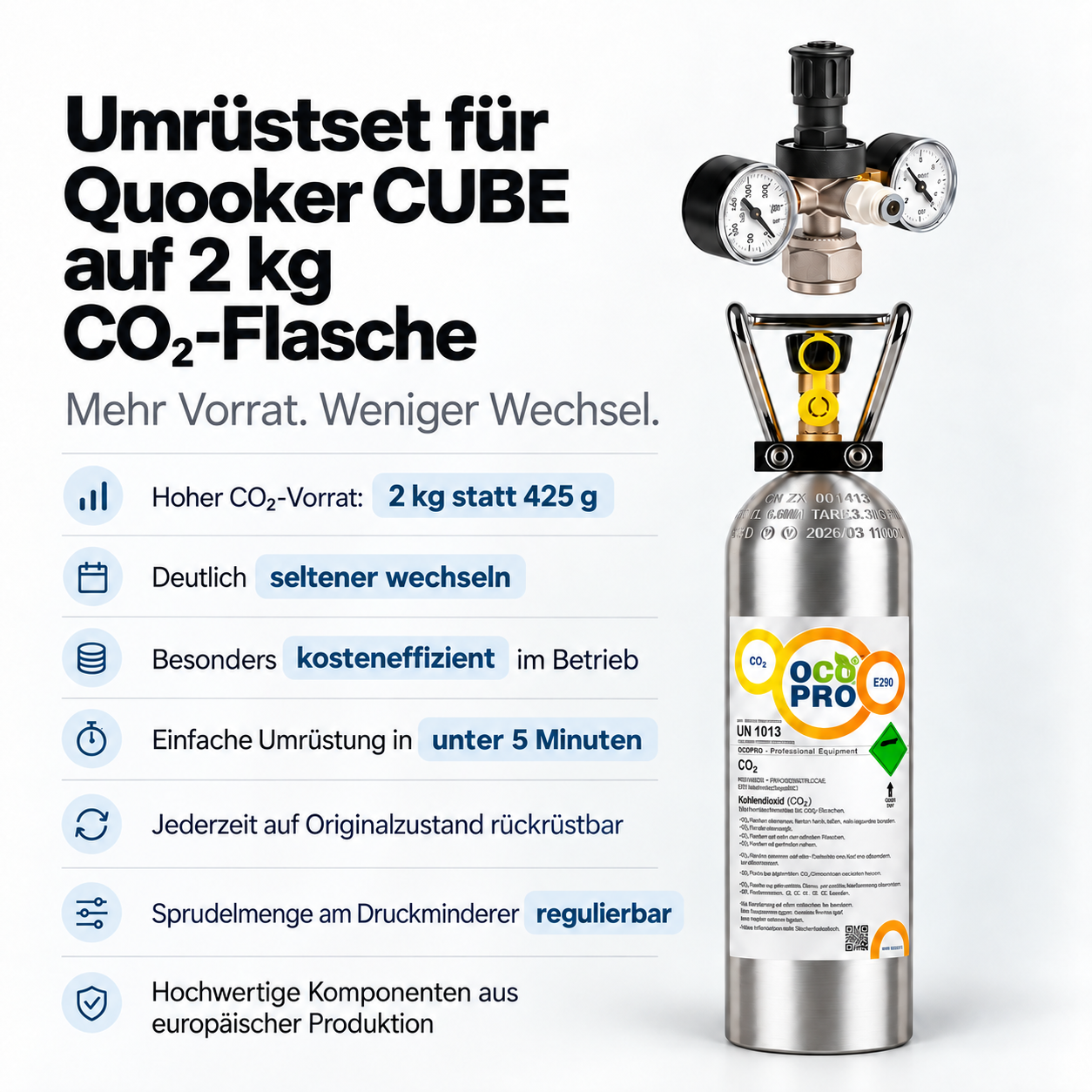 Quooker-Umrüstset für 2-kg-CO₂-Mehrwegflaschen – 1. Generation, ohne CO₂-Flasche