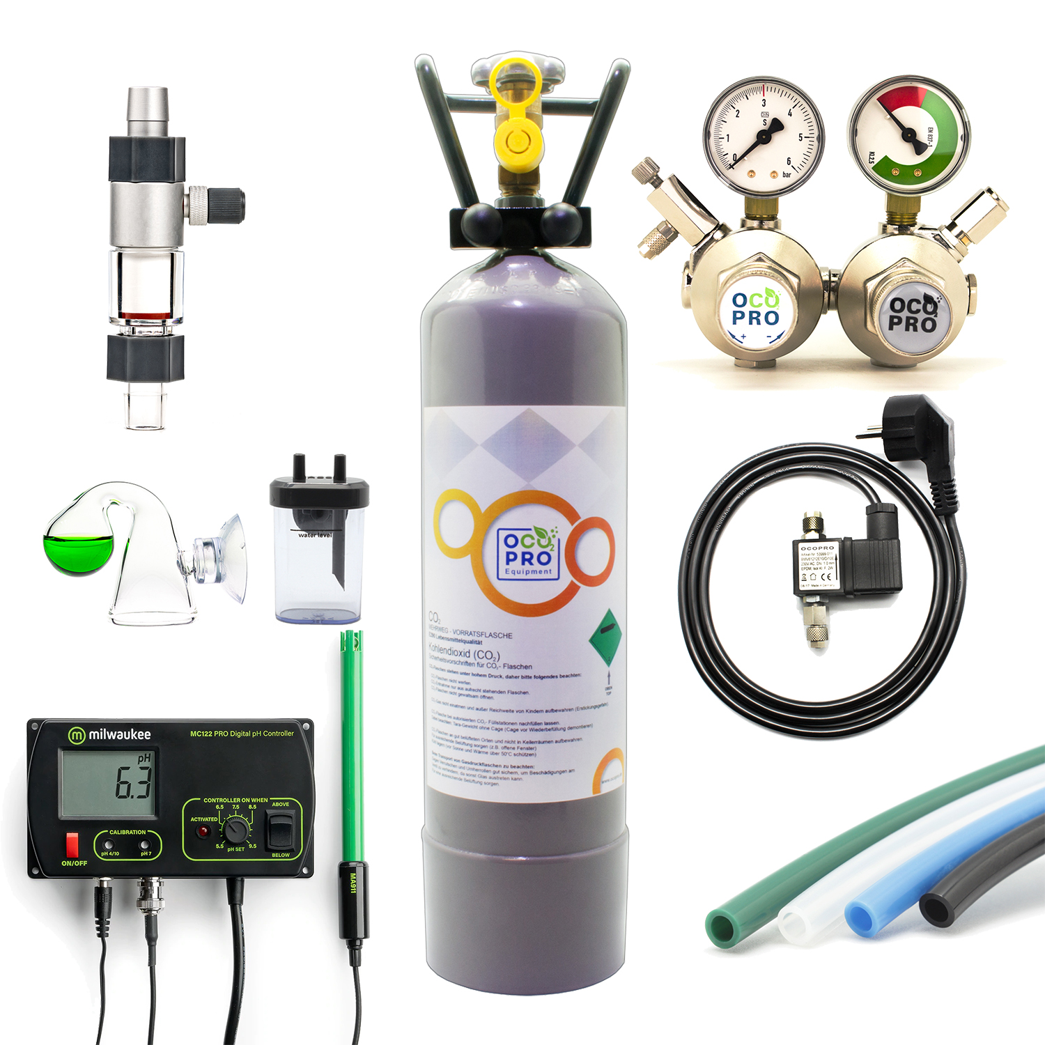 CO2 Anlage für Aquariem mit pH-Controller, Nachtabschaltung & Doppelkammerdruckminderer – 12/16mm