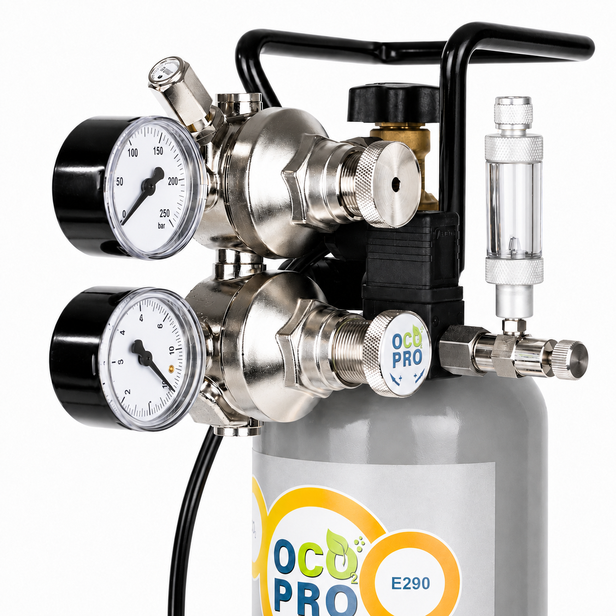 Doppelkammer CO2 Druckminderer für Aquarien mit integ. Rückschlagventil (Magnetventil) – mit Magnetventil + BZ